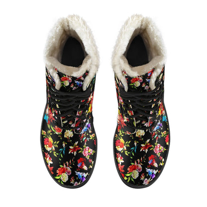 Skull Roses Flower Design Themed Print Faux Fur Leather Boots-JTAMIGO.COM