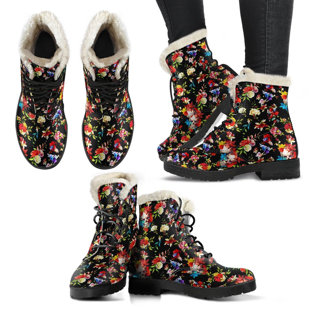 Skull Roses Flower Design Themed Print Faux Fur Leather Boots-JTAMIGO.COM
