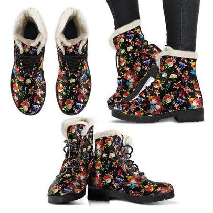 Skull Roses Flower Design Themed Print Faux Fur Leather Boots-JTAMIGO.COM