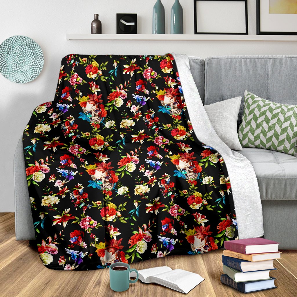 Skull Roses Flower Design Themed Print Fleece Blanket