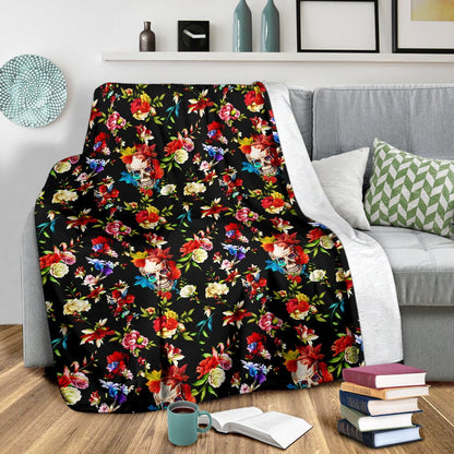 Skull Roses Flower Design Themed Print Fleece Blanket