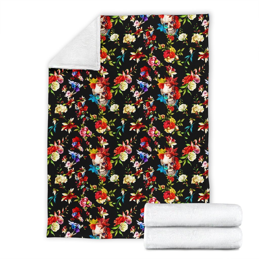 Skull Roses Flower Design Themed Print Fleece Blanket