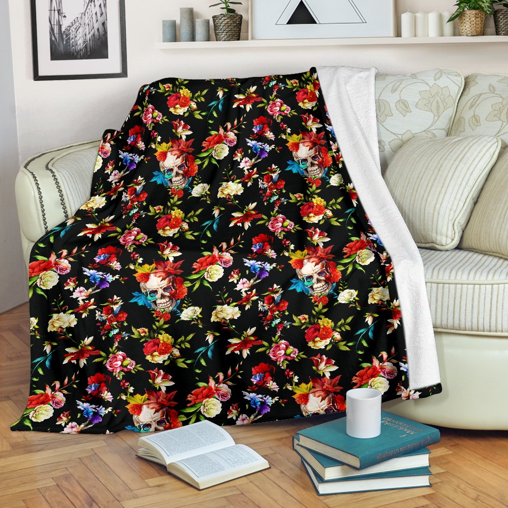 Skull Roses Flower Design Themed Print Fleece Blanket