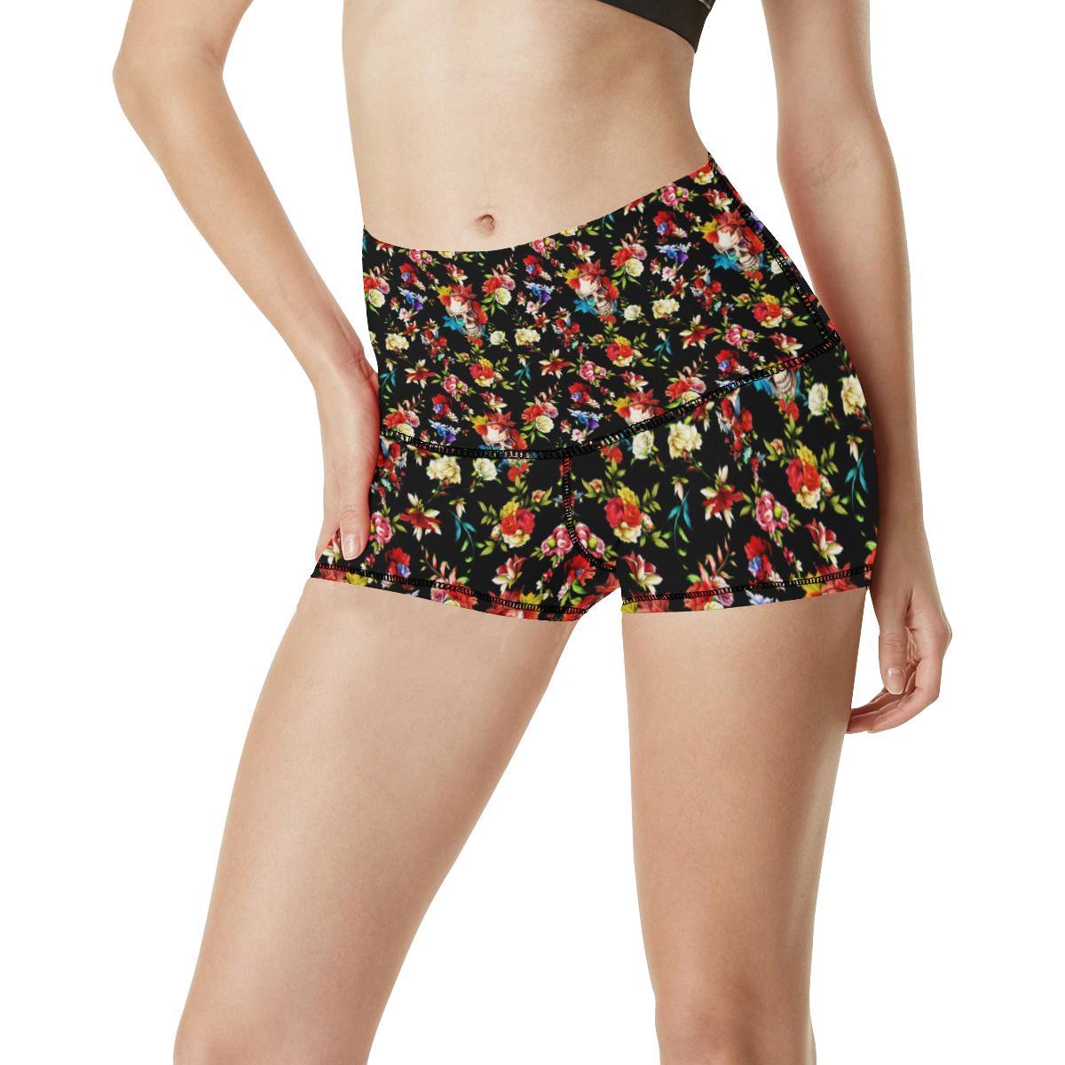 Skull Roses Flower Design Themed Print High Waisted Spandex Shorts-JTAMIGO.COM