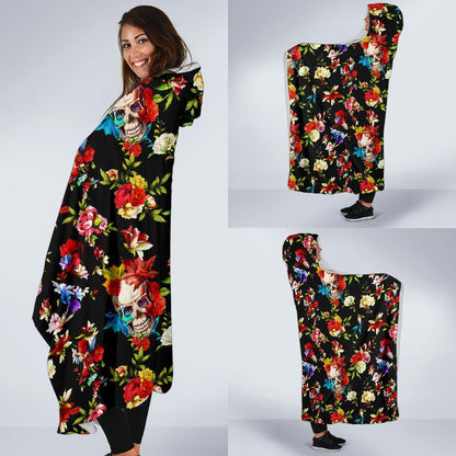 Skull Roses Flower Design Themed Print Hooded Blanket-JTAMIGO.COM