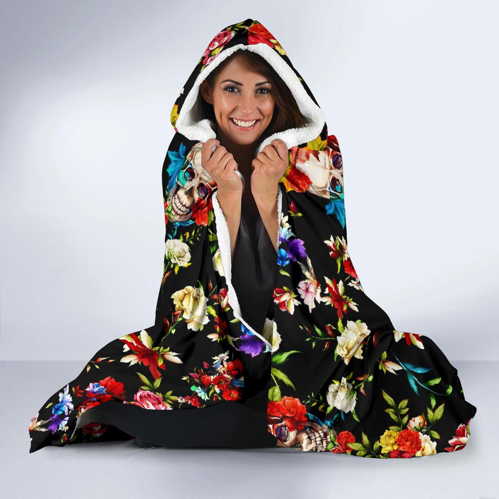 Skull Roses Flower Design Themed Print Hooded Blanket-JTAMIGO.COM