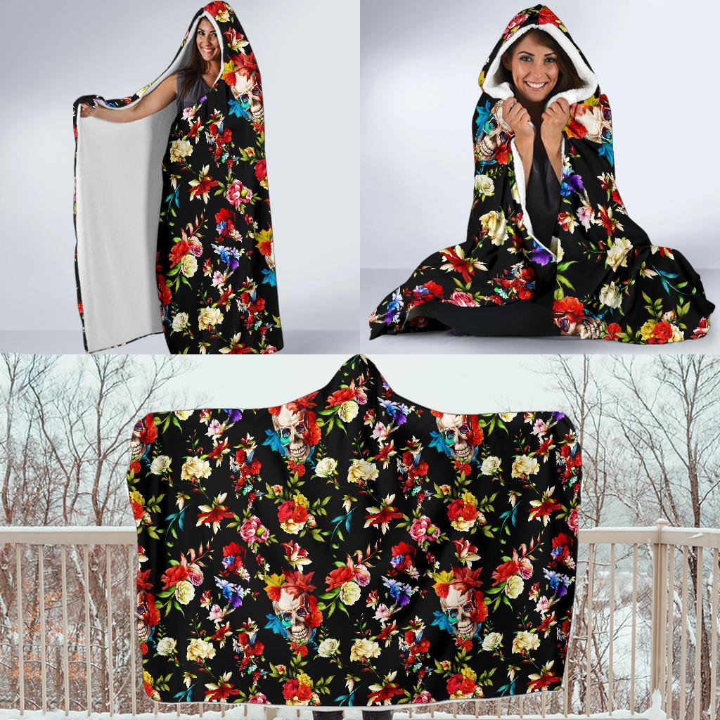 Skull Roses Flower Design Themed Print Hooded Blanket-JTAMIGO.COM