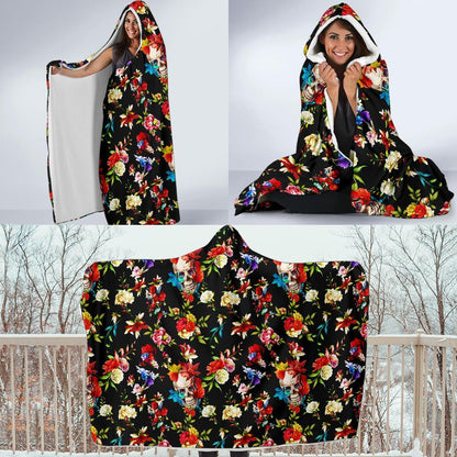 Skull Roses Flower Design Themed Print Hooded Blanket-JTAMIGO.COM