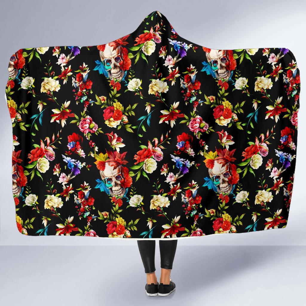 Skull Roses Flower Design Themed Print Hooded Blanket-JTAMIGO.COM