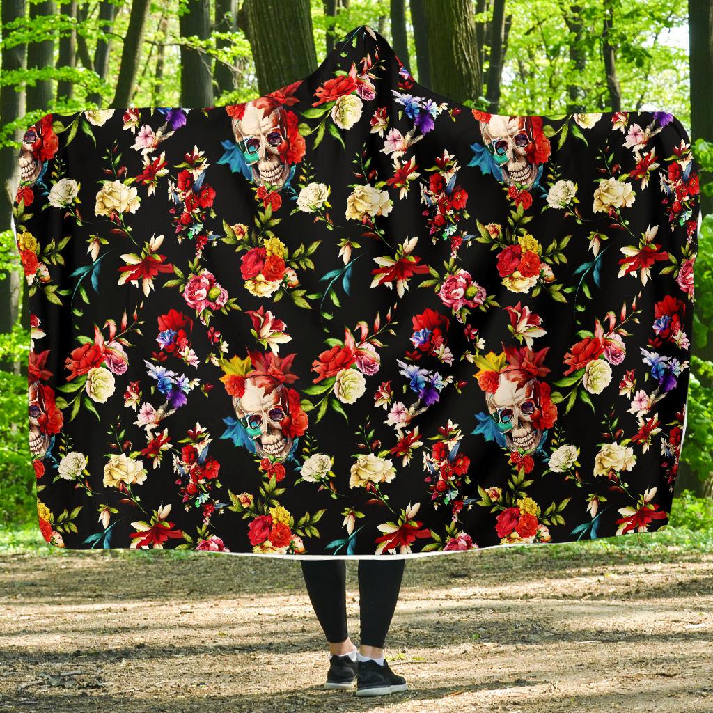 Skull Roses Flower Design Themed Print Hooded Blanket-JTAMIGO.COM