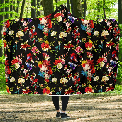 Skull Roses Flower Design Themed Print Hooded Blanket-JTAMIGO.COM