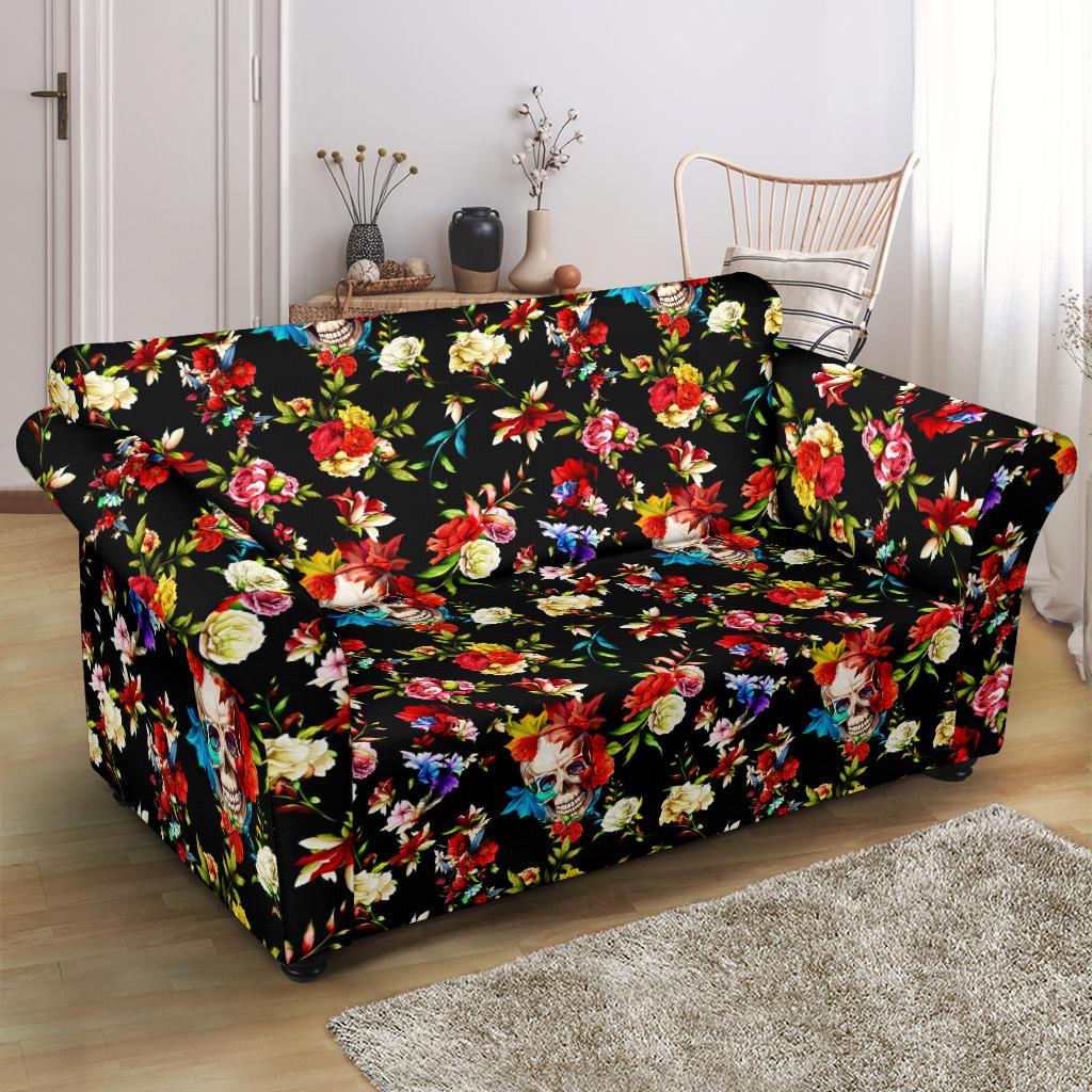 Skull Roses Flower Design Themed Print Loveseat Slipcover-JTAMIGO.COM