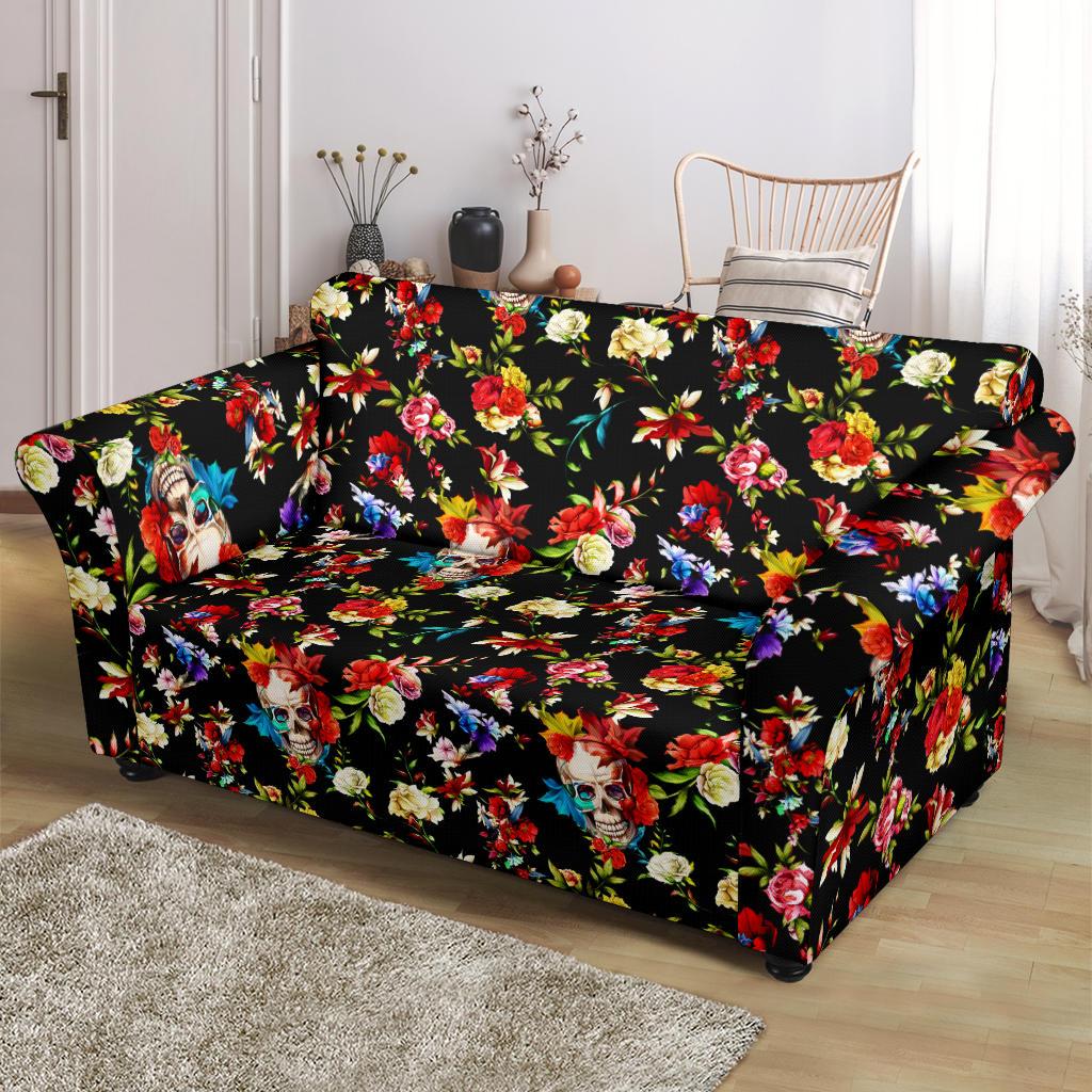 Skull Roses Flower Design Themed Print Loveseat Slipcover-JTAMIGO.COM