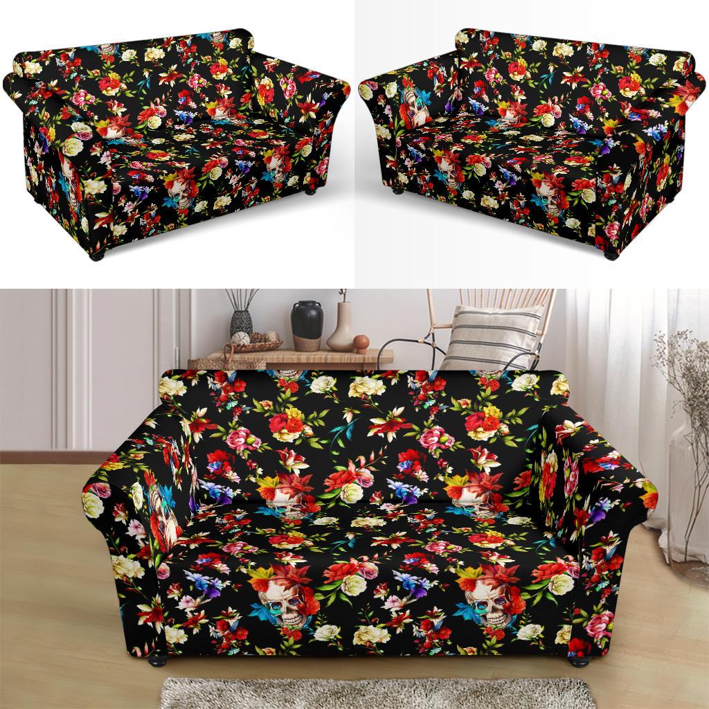 Skull Roses Flower Design Themed Print Loveseat Slipcover-JTAMIGO.COM