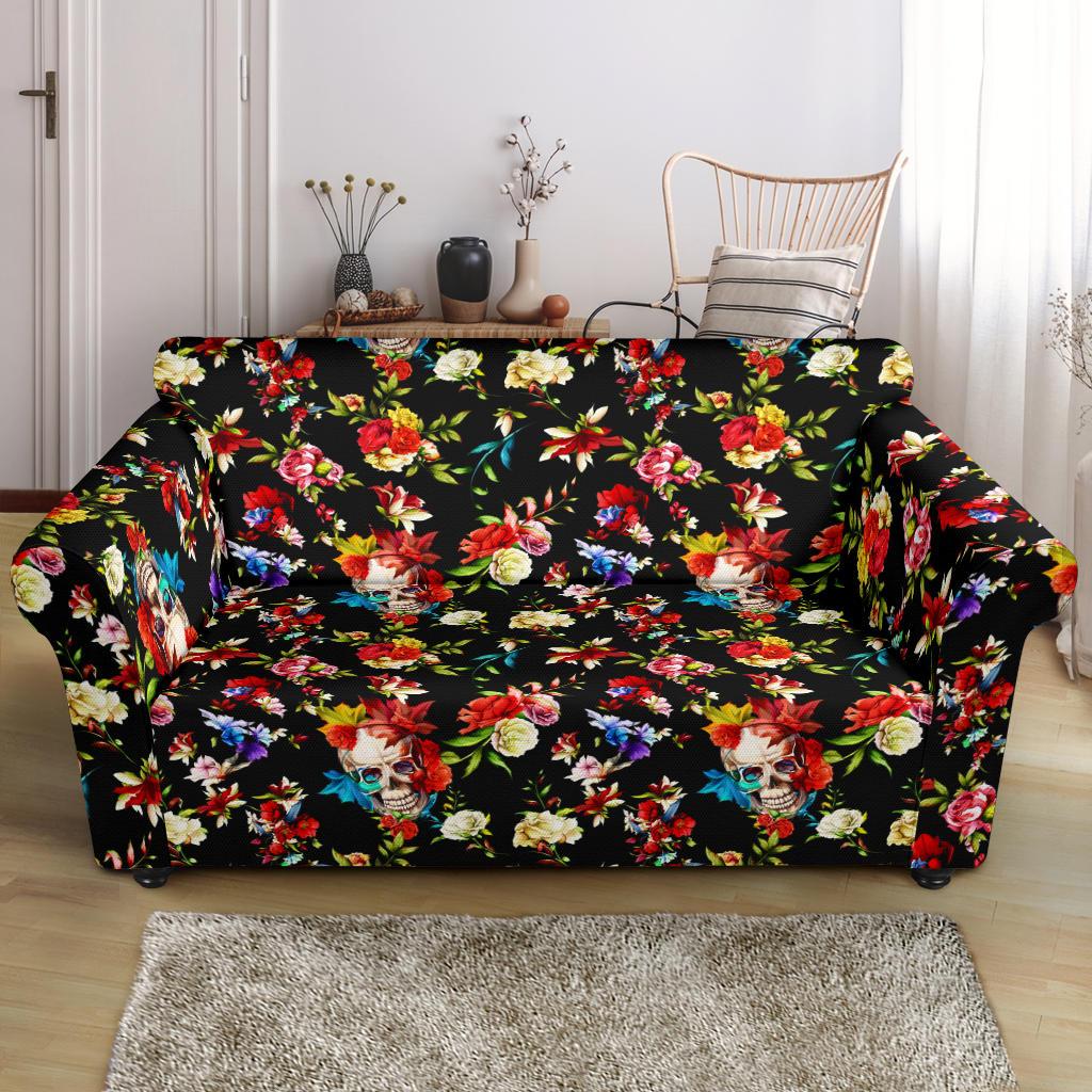 Skull Roses Flower Design Themed Print Loveseat Slipcover-JTAMIGO.COM