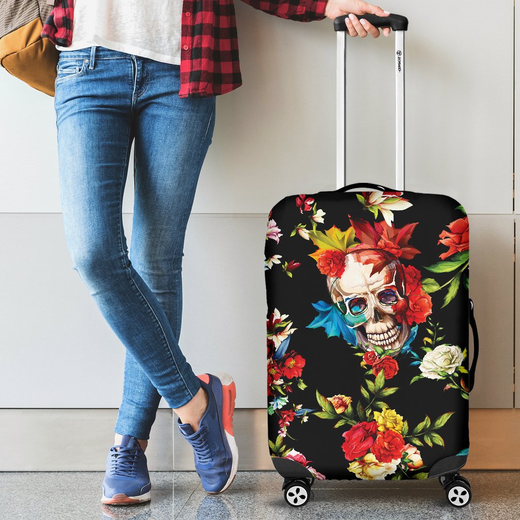 Skull Roses Flower Design Themed Print Luggage Cover Protector