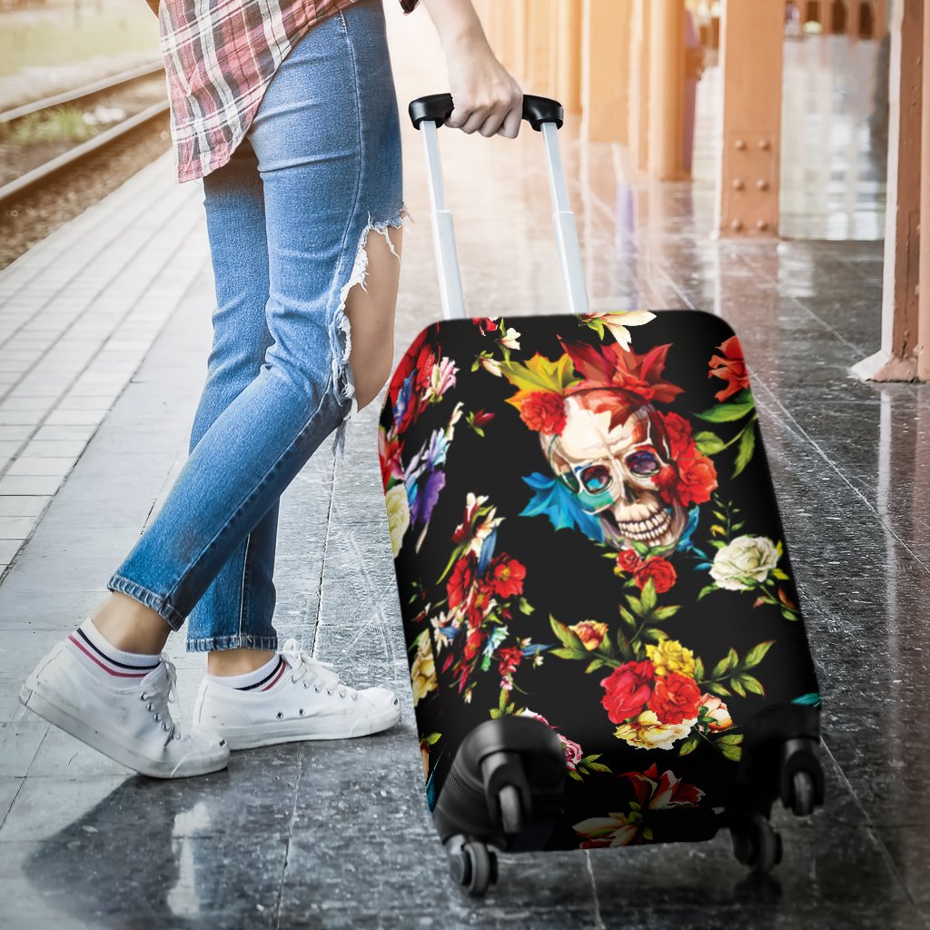 Skull Roses Flower Design Themed Print Luggage Cover Protector