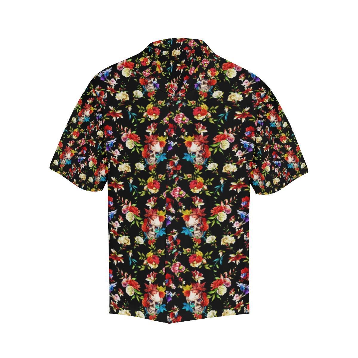 Skull Roses Flower Design Themed Print Men Aloha Hawaiian Shirt