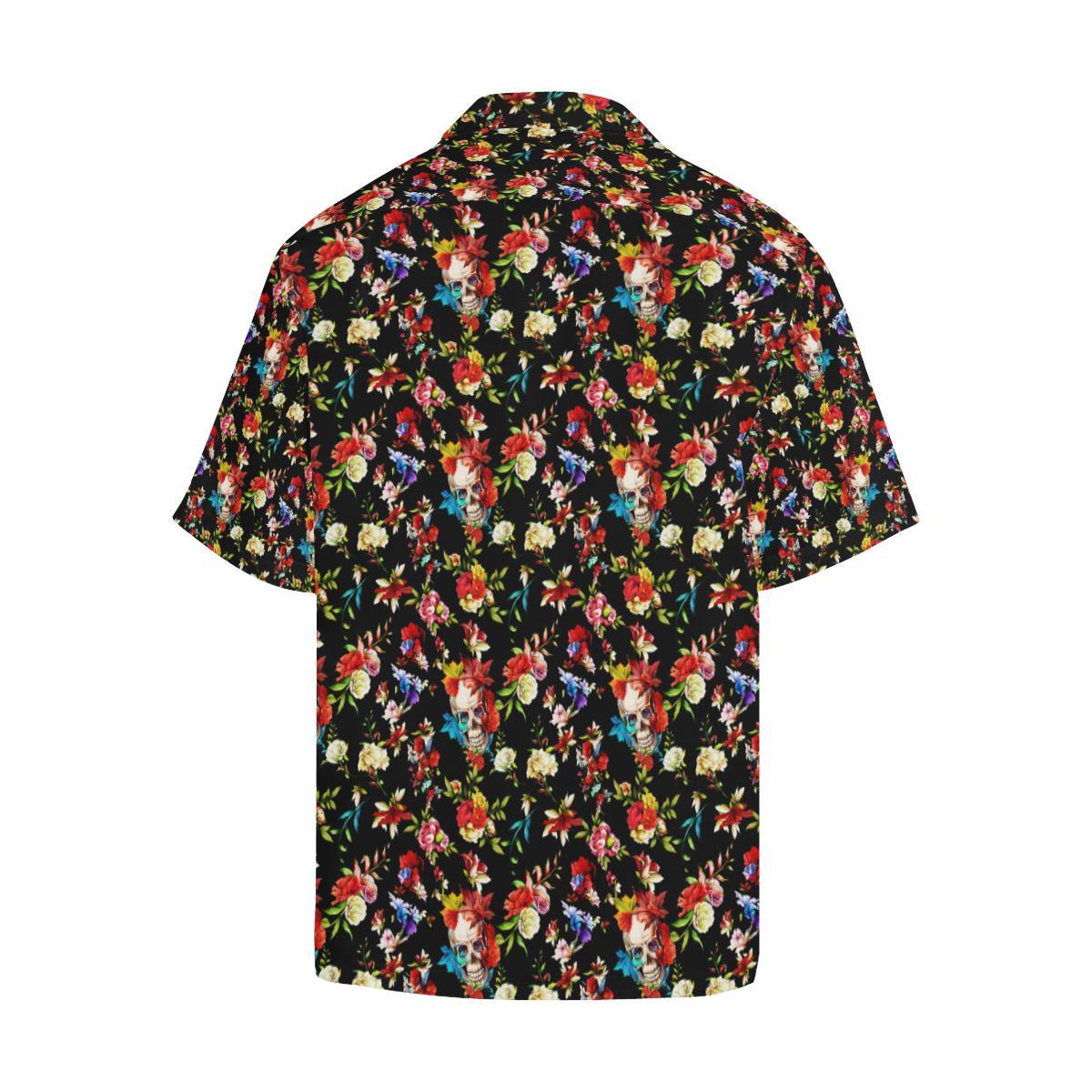 Skull Roses Flower Design Themed Print Men Aloha Hawaiian Shirt
