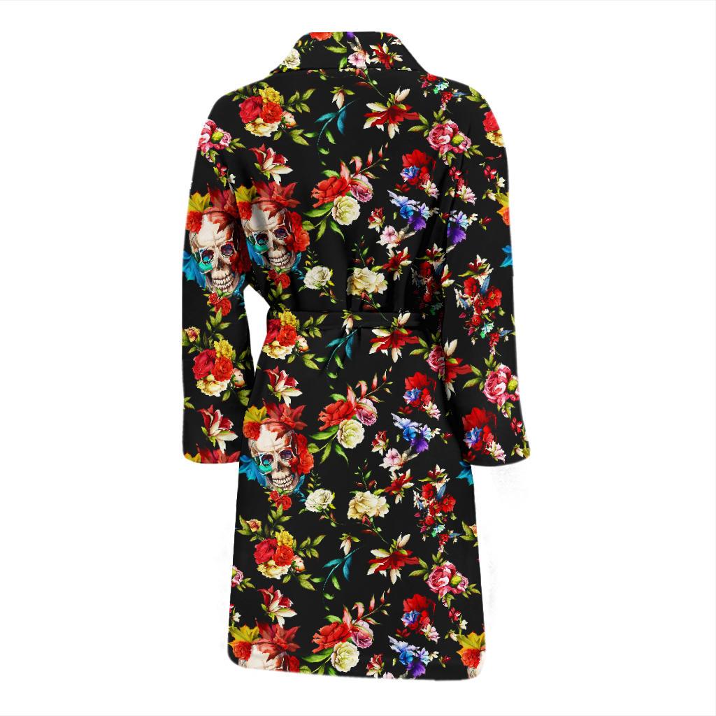 Skull Roses Flower Design Themed Print Men Bath Robe-JTAMIGO.COM