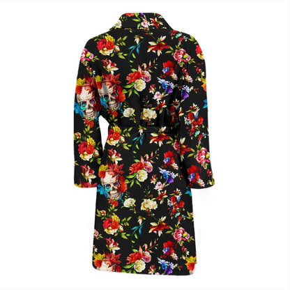 Skull Roses Flower Design Themed Print Men Bath Robe-JTAMIGO.COM