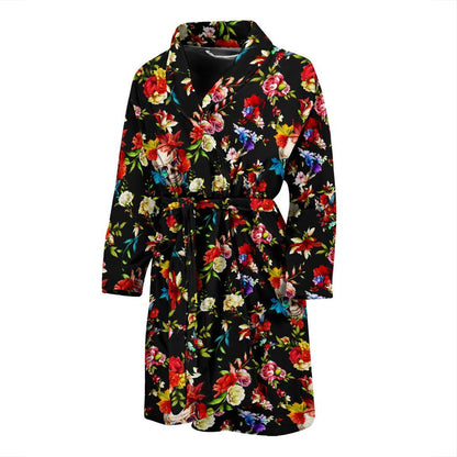 Skull Roses Flower Design Themed Print Men Bath Robe-JTAMIGO.COM