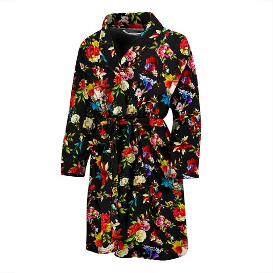 Skull Roses Flower Design Themed Print Men Bath Robe-JTAMIGO.COM