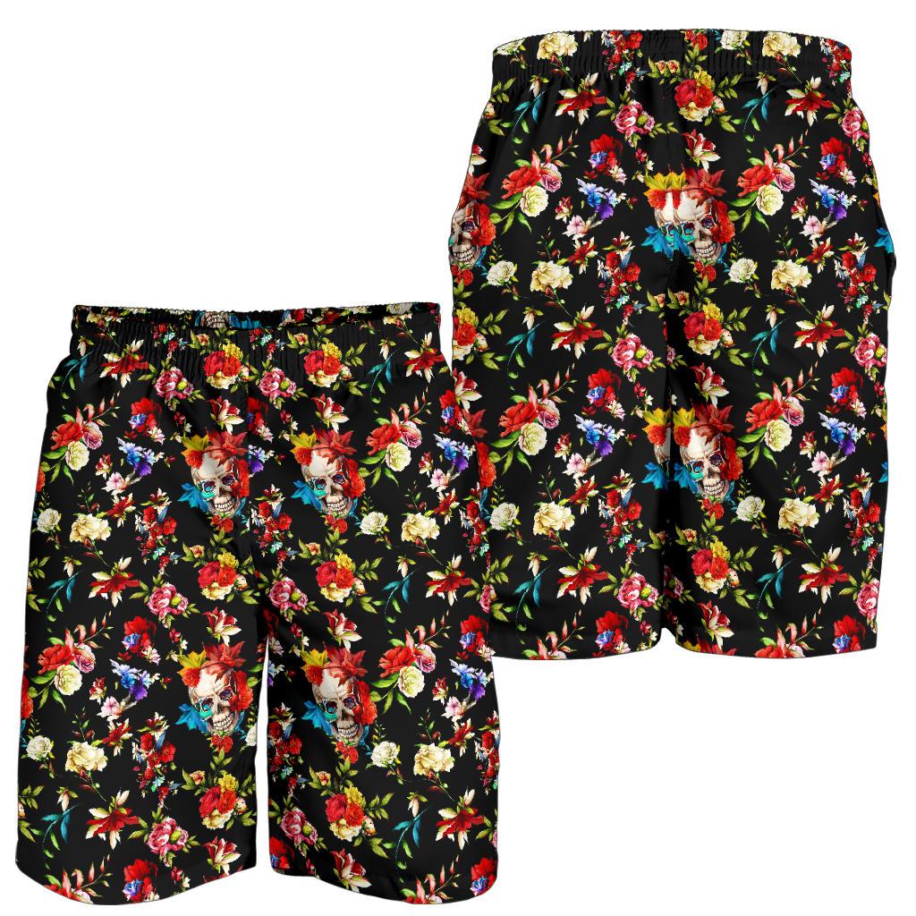 Skull Roses Flower Design Themed Print Mens Shorts-JTAMIGO.COM