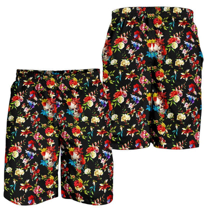 Skull Roses Flower Design Themed Print Mens Shorts-JTAMIGO.COM