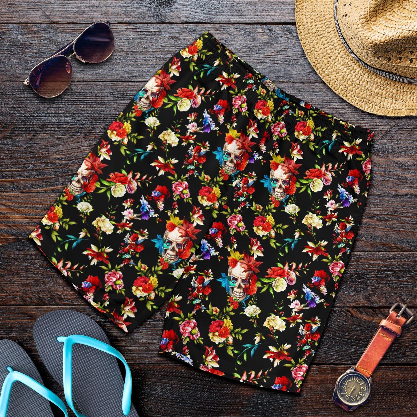 Skull Roses Flower Design Themed Print Mens Shorts-JTAMIGO.COM