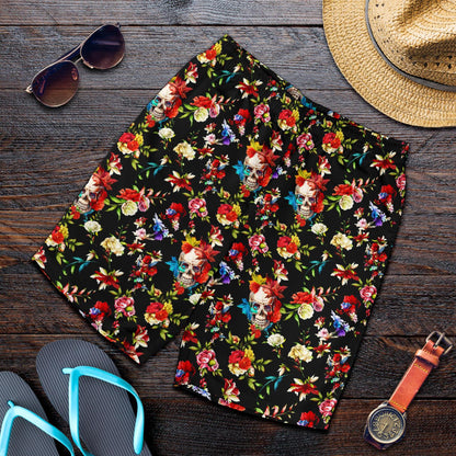Skull Roses Flower Design Themed Print Mens Shorts-JTAMIGO.COM