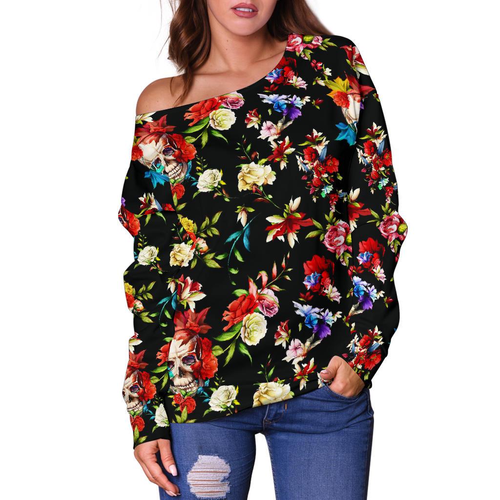Skull Roses Flower Design Themed Print Off Shoulder Sweatshirt