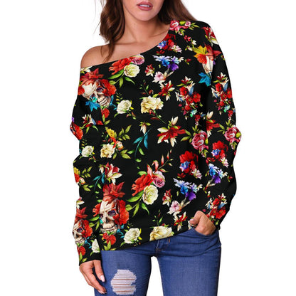 Skull Roses Flower Design Themed Print Off Shoulder Sweatshirt