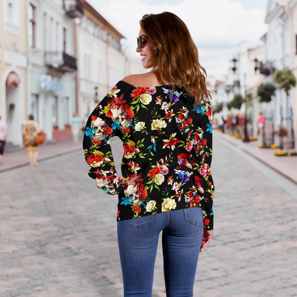 Skull Roses Flower Design Themed Print Off Shoulder Sweatshirt