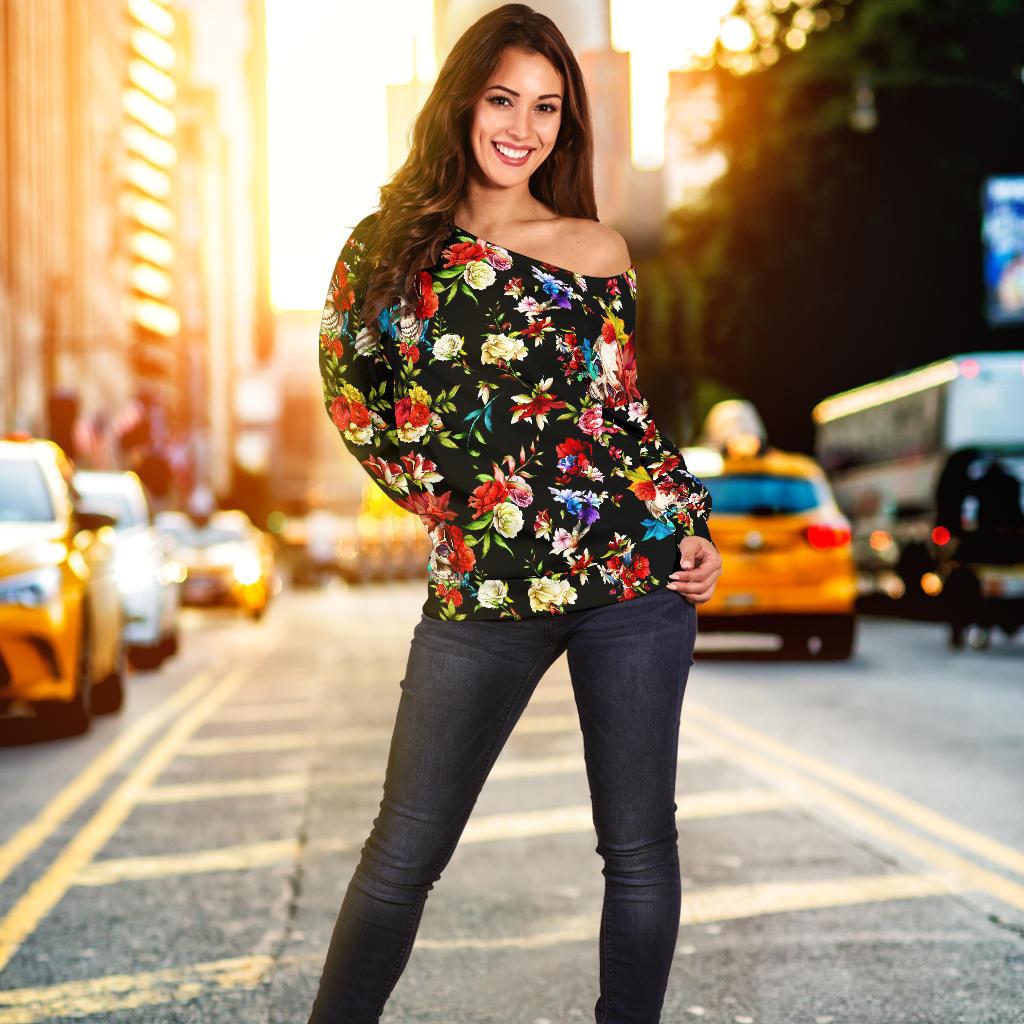 Skull Roses Flower Design Themed Print Off Shoulder Sweatshirt
