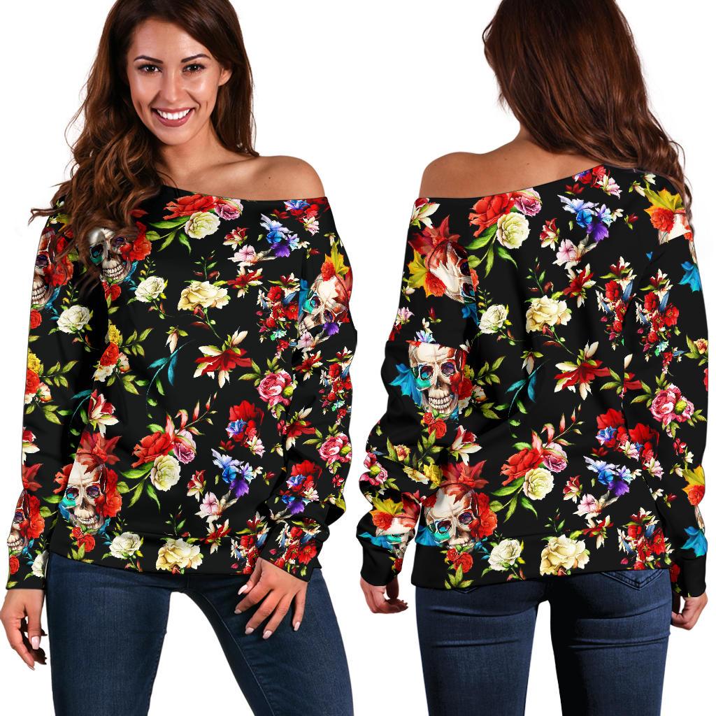 Skull Roses Flower Design Themed Print Off Shoulder Sweatshirt