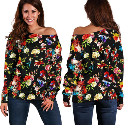 Skull Roses Flower Design Themed Print Off Shoulder Sweatshirt