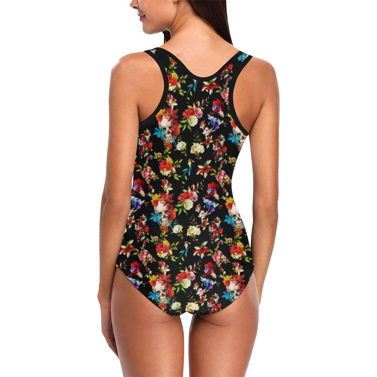 Skull Roses Flower Design Themed Print One Piece Swimsuit-JTAMIGO.COM