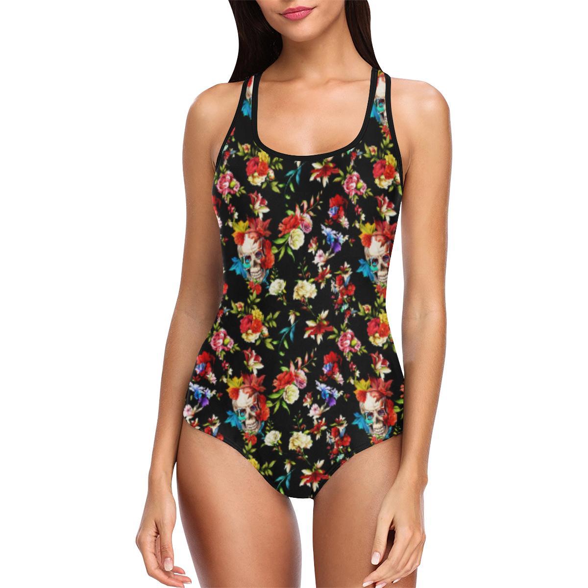 Skull Roses Flower Design Themed Print One Piece Swimsuit-JTAMIGO.COM
