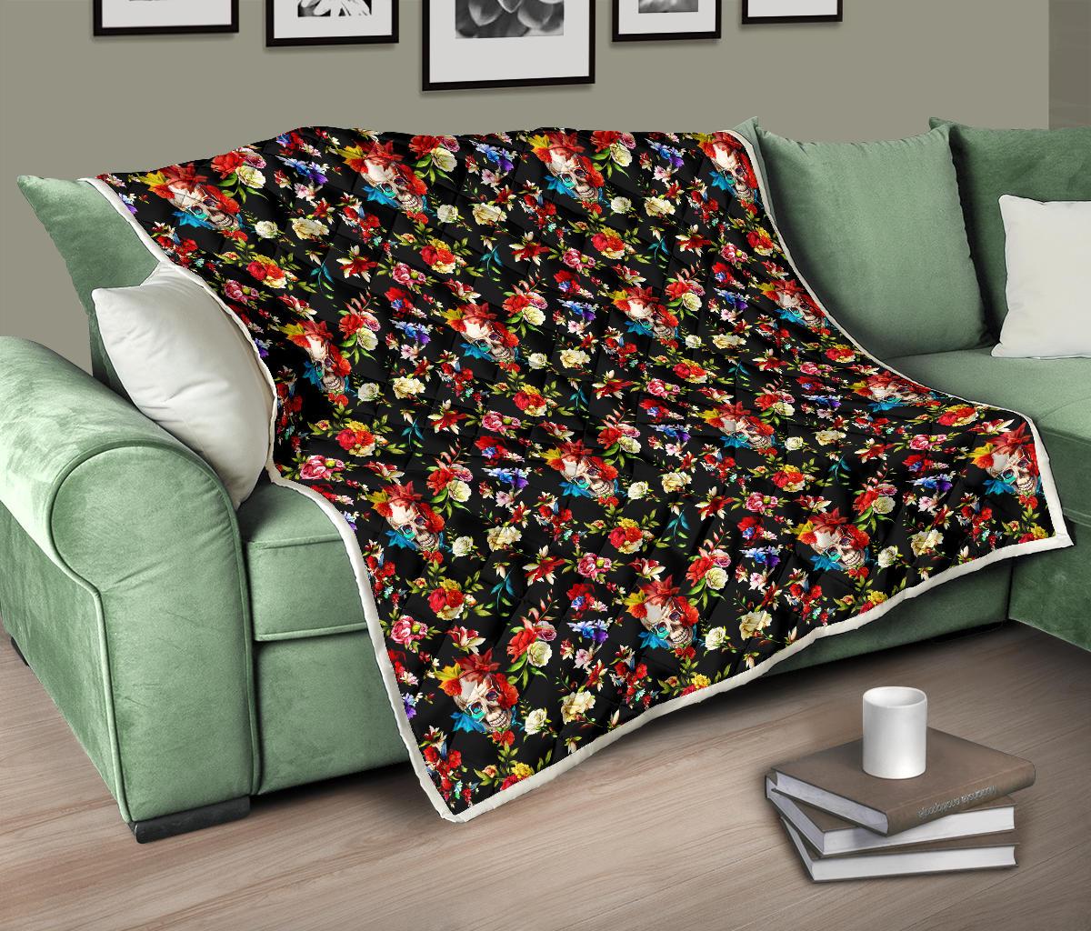 Skull Roses Flower Design Themed Print Premium Quilt-JTAMIGO.COM