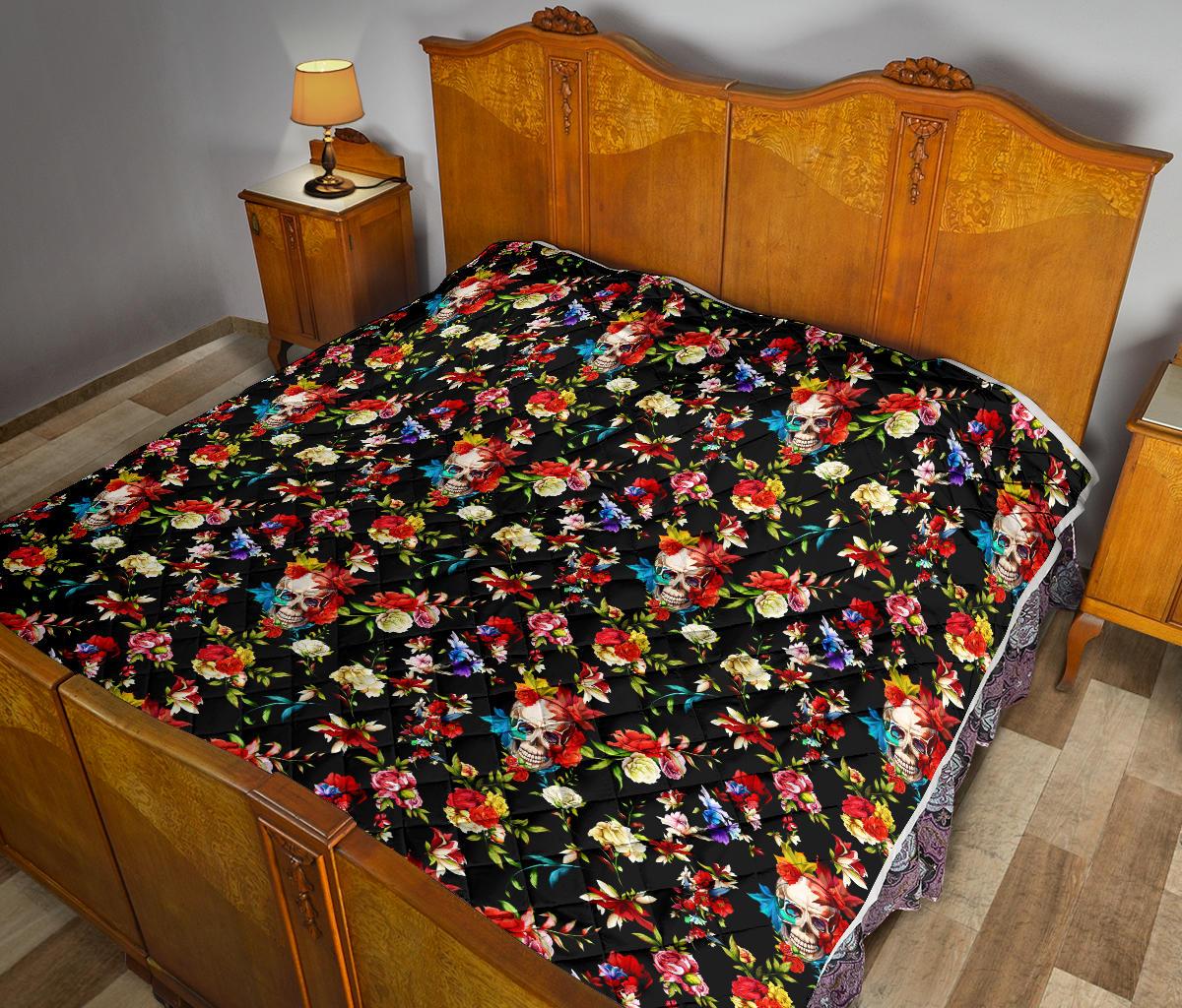 Skull Roses Flower Design Themed Print Premium Quilt-JTAMIGO.COM