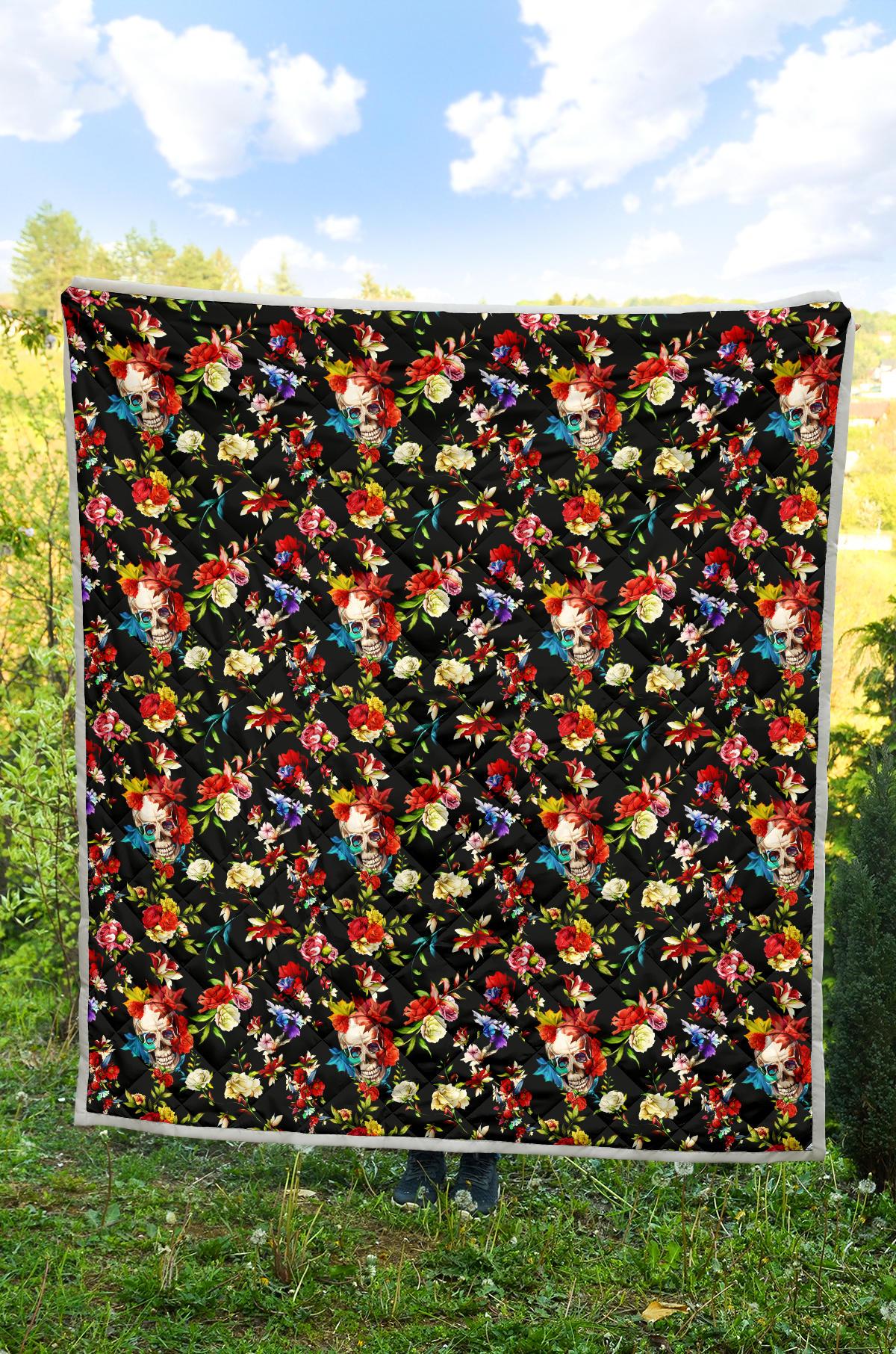 Skull Roses Flower Design Themed Print Premium Quilt-JTAMIGO.COM
