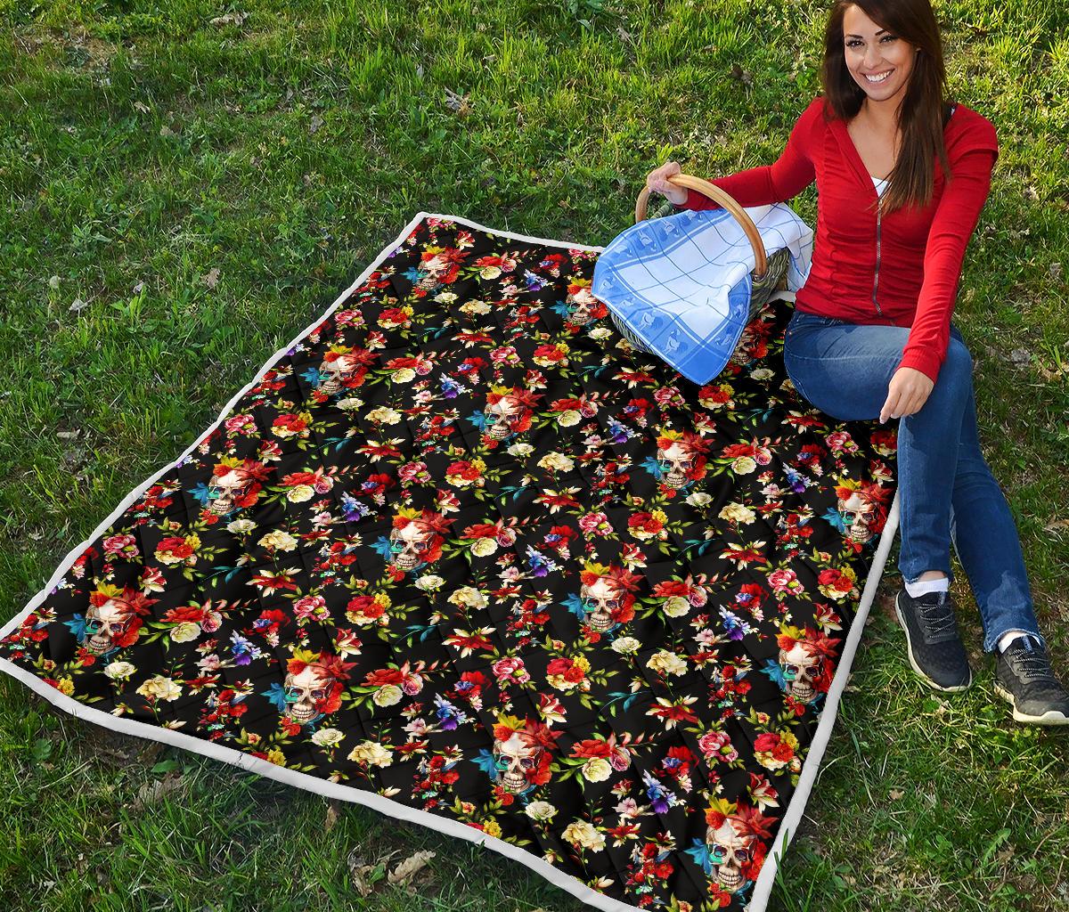 Skull Roses Flower Design Themed Print Premium Quilt-JTAMIGO.COM