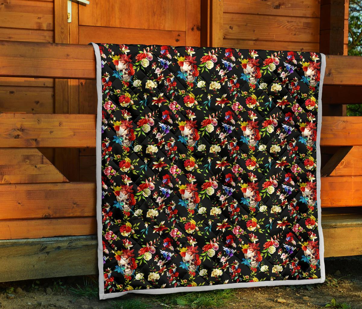 Skull Roses Flower Design Themed Print Premium Quilt-JTAMIGO.COM