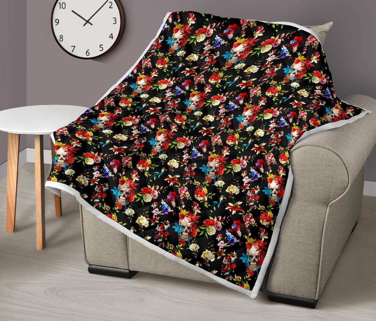 Skull Roses Flower Design Themed Print Premium Quilt-JTAMIGO.COM