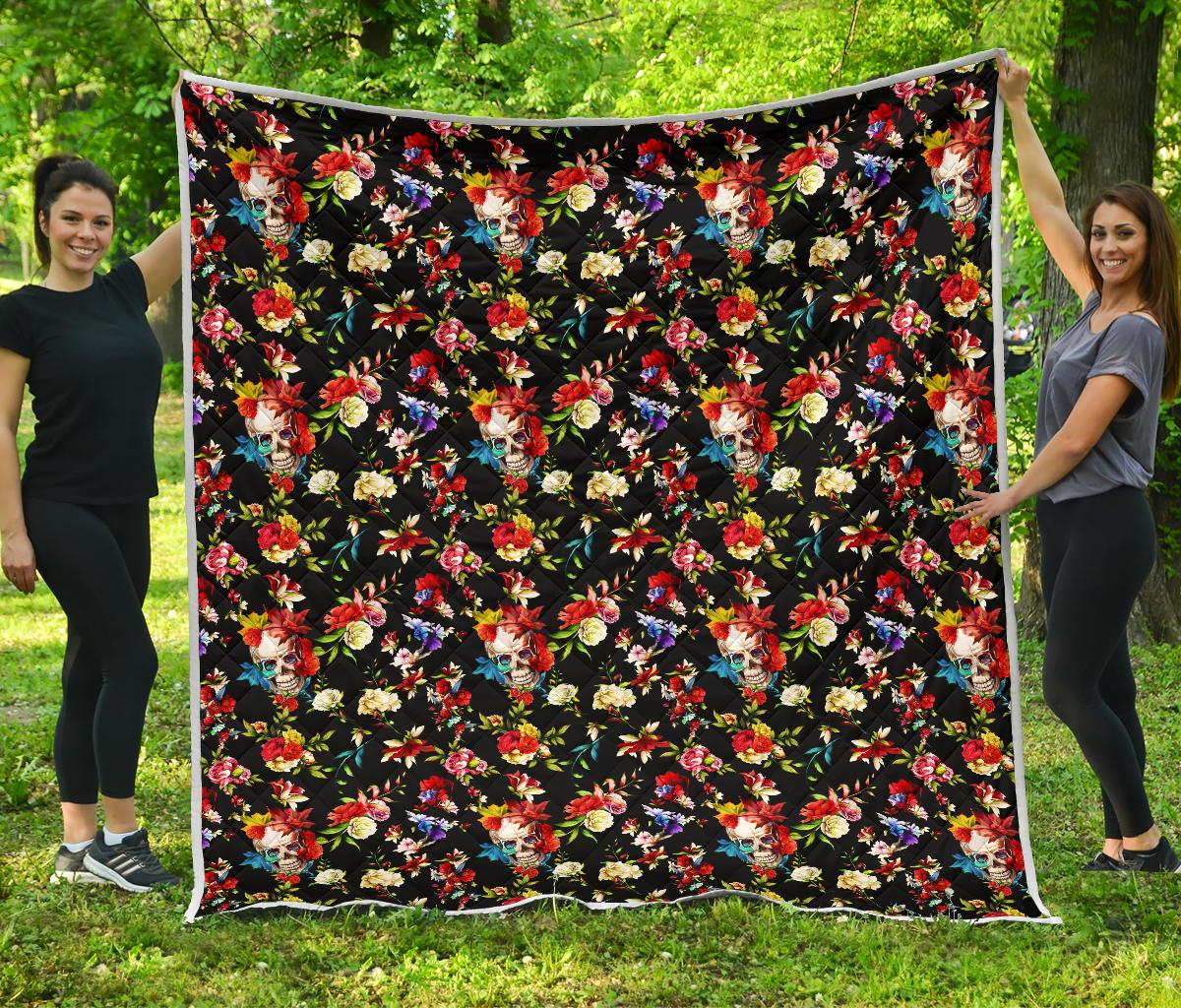 Skull Roses Flower Design Themed Print Premium Quilt-JTAMIGO.COM