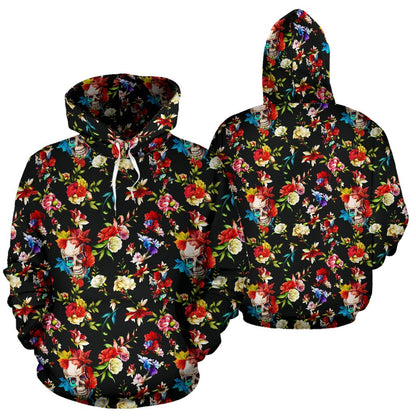 Skull Roses Flower Design Themed Print Pullover Hoodie