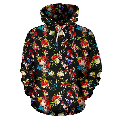 Skull Roses Flower Design Themed Print Pullover Hoodie