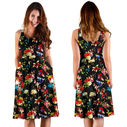 Skull Roses Flower Design Themed Print Sleeveless Dress
