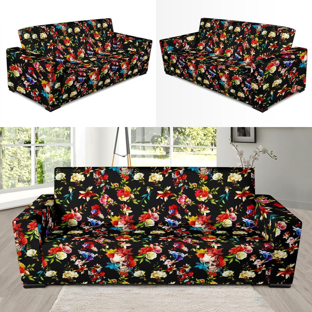 Skull Roses Flower Design Themed Print Sofa Slipcover-JTAMIGO.COM